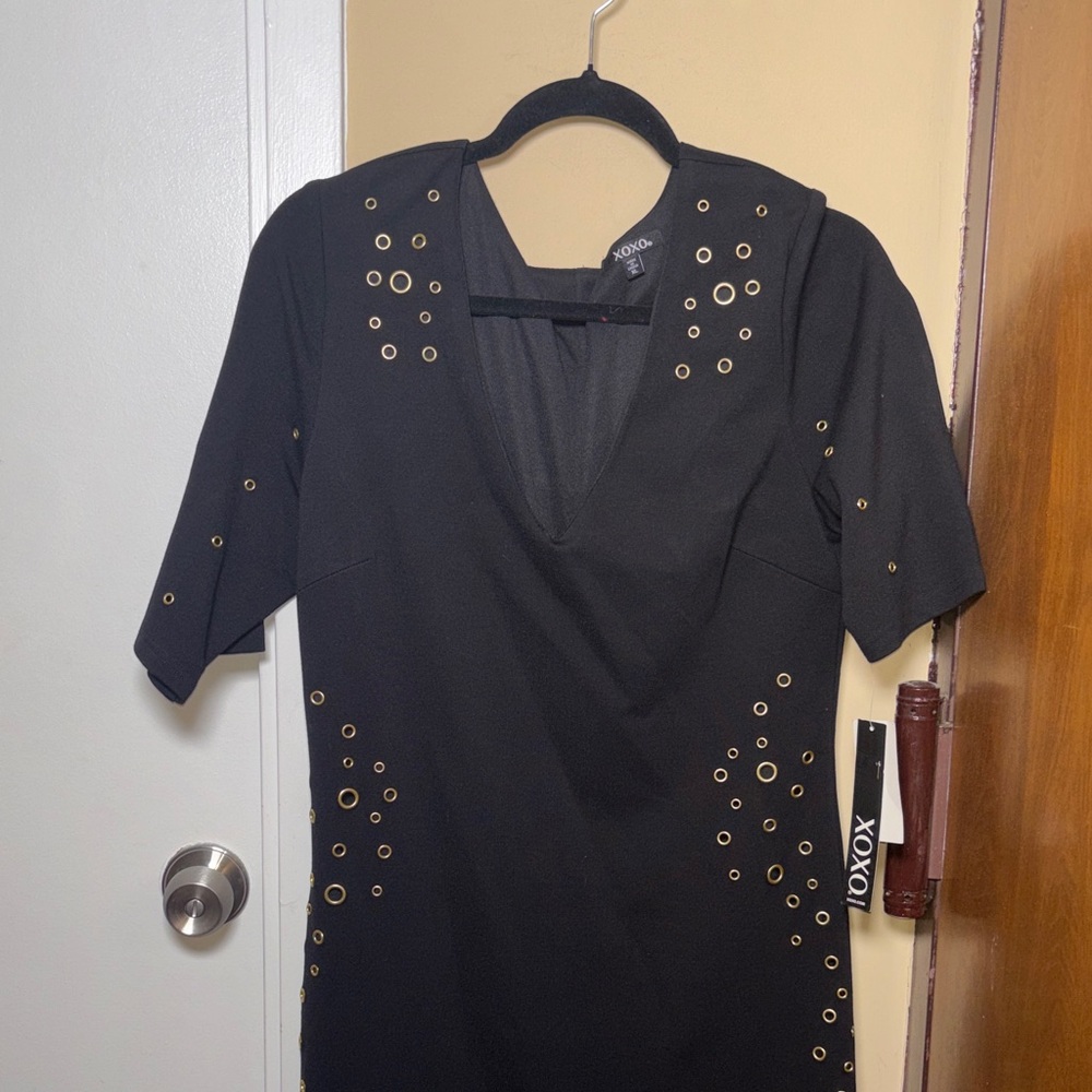 XOXO Black Mini Dress with Gold Eyelet Accents